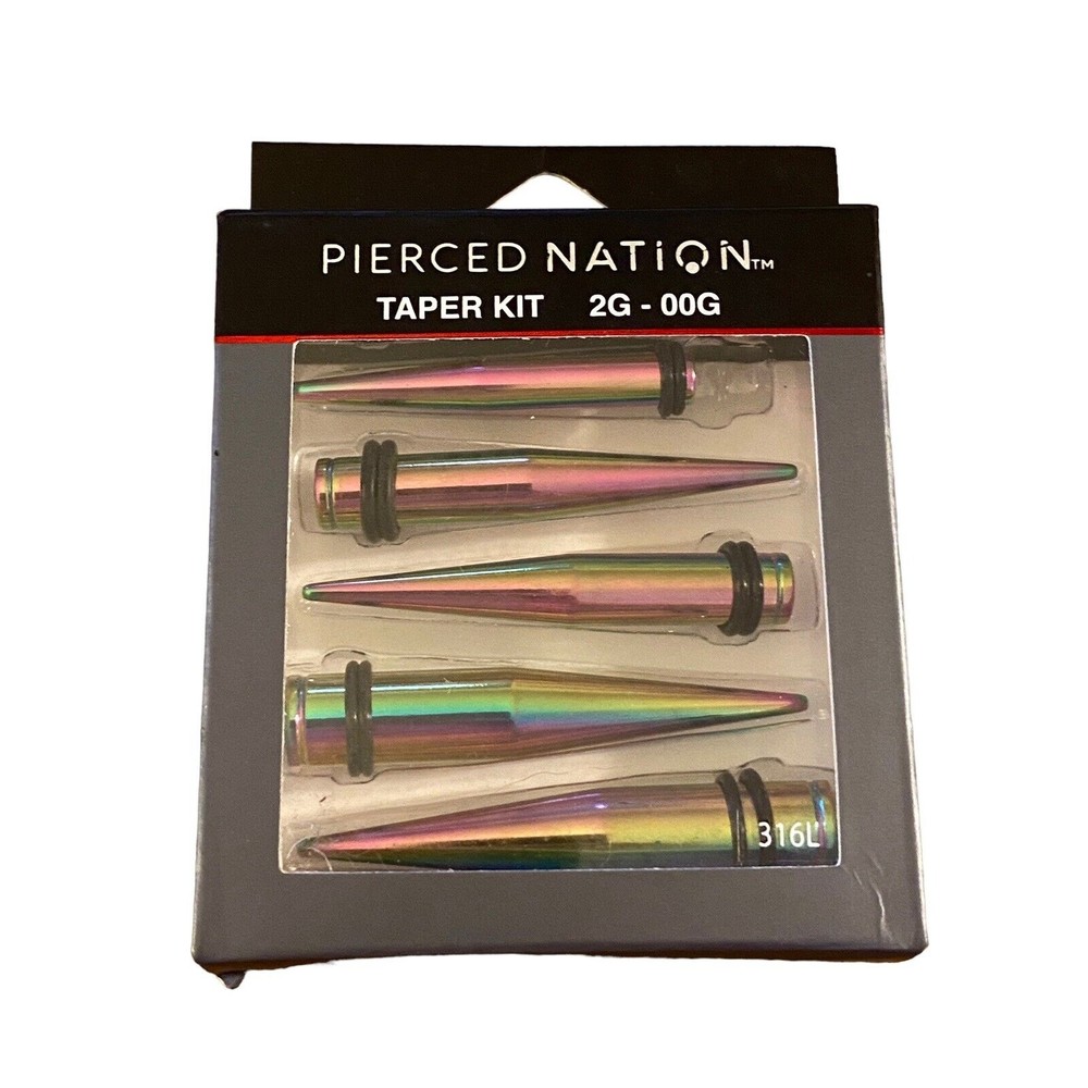 Spencer Gifts Pierced Nation Taper Kit 2G~0G~00G Oil Slick Metal Tapers